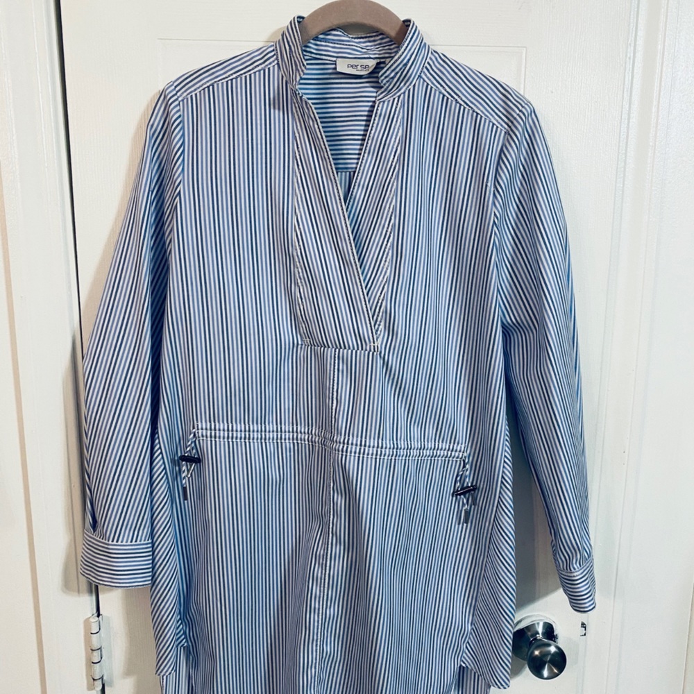 Per Se Carlisle Pinstripe Hi-Low Cinch Waist Tunic